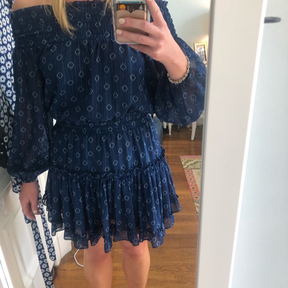 Blue and white Misa LA off the shoulder dress